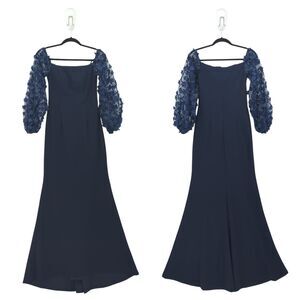 Eliza J Women 0 Gown Dress Navy Blue 3D Floral Applique Off Shoulder Fit Flare